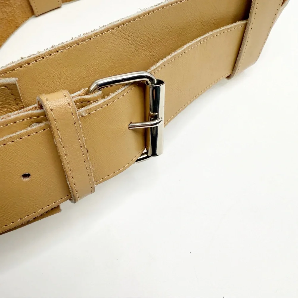 Tan Leather Crossover Asymmetrical Belt with Silver Buckle, Size Small